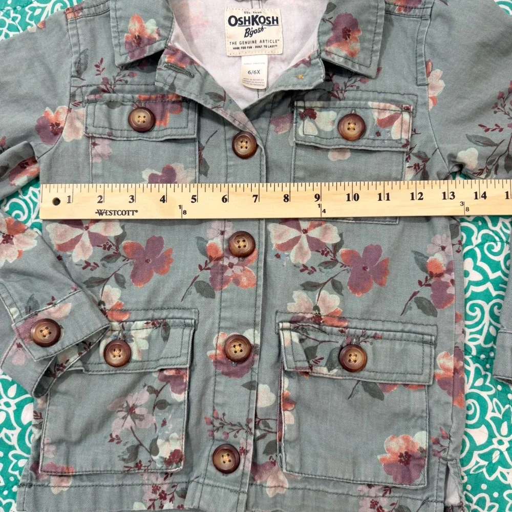 OshKosh Bgosh Girls Floral Utility Jacket Sage Green Cotton Size 6/6X